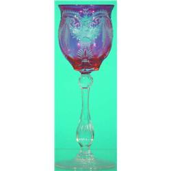 CRANBERRY CUT TO CLEAR WINE - Bouquet and drapery, 1910. H-7 1/2", VG-EX.  Est. 50-100...