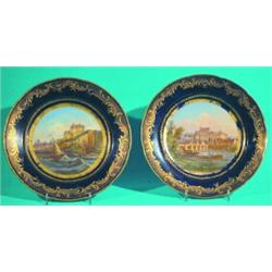 SET OF 12 SERVES CHATEAU PLATES - (2) Shown, cobalt and gilt border with central painted chateau...