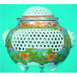 JAPANESE INCENSE - Painted porcelain with openwork sides and top, late 19th Century.  H-4", VG-EX...