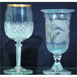 LOT 2 GLASS ITEMS - (1) Goblet shaped vase with cutting and air twist stem. (1) Acid etched celer...