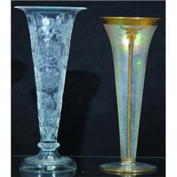 LOT 2 VASES- (1) Engraved vase:  floral motif,1910-1920. H-10 3/4", VG-EX. (1) Acid etched irridi...