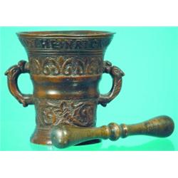 BRONZE MORTAR & PESTAL -Early style, relief decoration.  H-4 1/2", VG.  Est. 50-100...