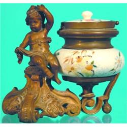 BRONZE & PORCELAIN INKWELL-Ceramic well with bronze cherub stand, cherub's hand holds pen, inkwel...