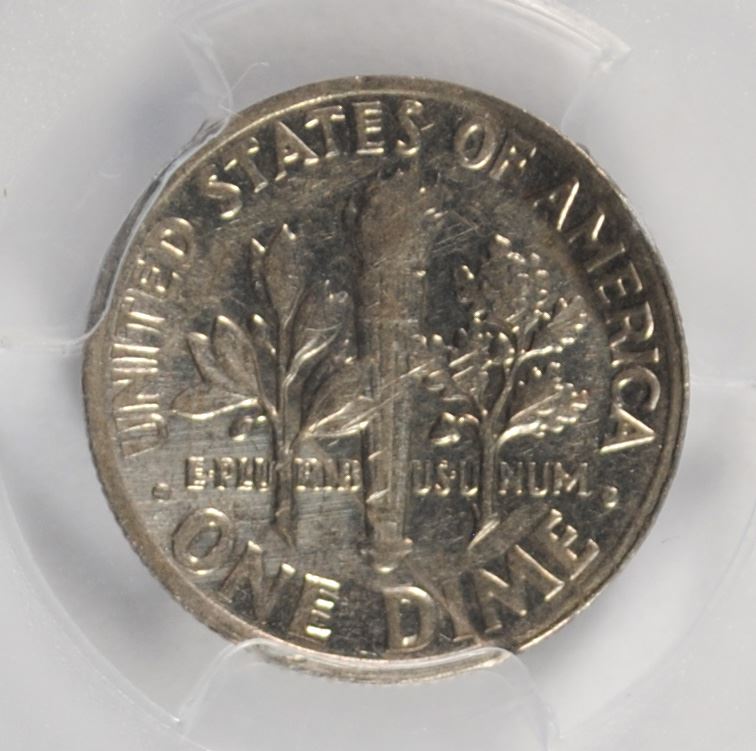 1968-D MINT ERROR ROOSEVELT DIME, PARTIAL SPLIT REVERSE LAYER, PCGS AU-55