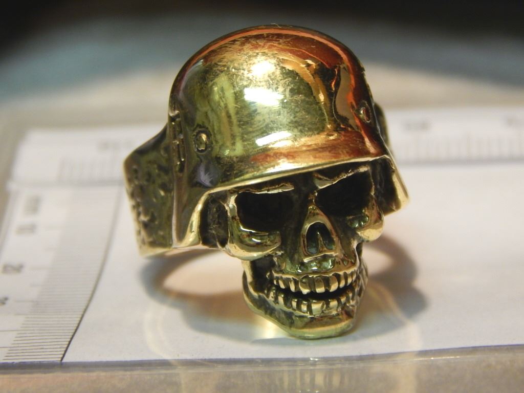 RING HEAVY SOLID BRASS SKULL BIKER RING NAZI MARKINGS ARTIST
