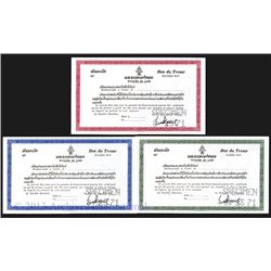 Royaume Du Laos, Bon du Tresor, 1971 Specimen Trio.