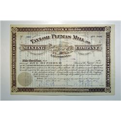 Taylor Plumas Mill and Mining Co., California, 1884 Stock Certificate.