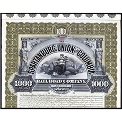 Spartanburg, Union and Columbia Railroad Co. Specimen Bond.
