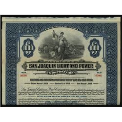 San Joaquin Light & Power Corp. 1922 Specimen Bond.