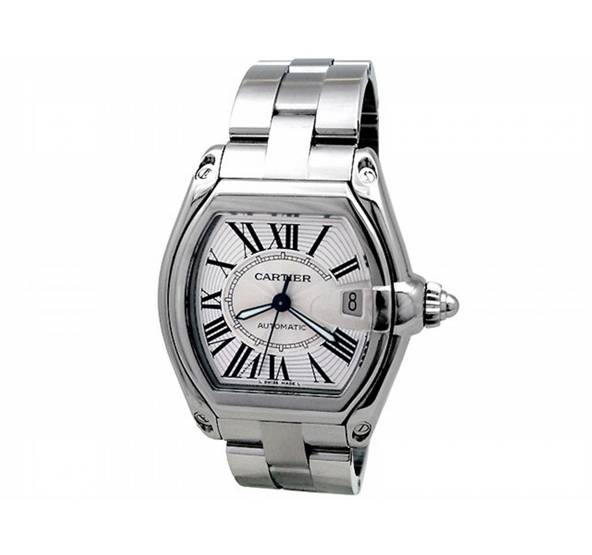 Large Cartier Stainless Steel Roadster Watch Silver Roman Numeral Dial Stainless Steel Case Stain