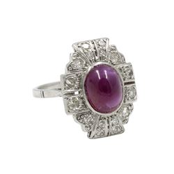 Art Deco Platinum Cabochon Ruby Diamond Ring