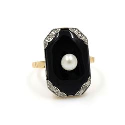 Art Deco 18k Gold Onyx Pearl Diamond Ring