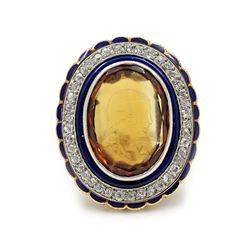 Art Deco Citrine Cameo Diamond Gold Ring