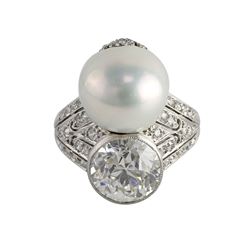 2.92 ct Diamond and Pearl Platinum Ring, GIA