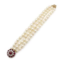 French Pearl Ruby Diamond 18k Gold Bracelet