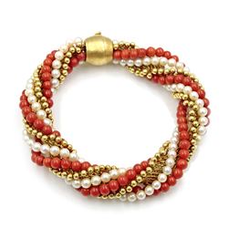 18k Gold Coral Pearl Twisted Bracelet