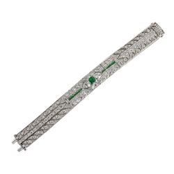 Art Deco Diamond Emerald Platinum Bracelet