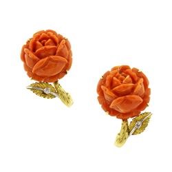 Carved Coral Diamond 14k Gold Earrings