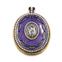 Huge! Georgian Guilloche Pearl Diamond Enamel Locket Pendant