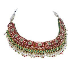 22k Gold Indian Mughal-Style Enamel Pearl Emerald Ruby Necklace
