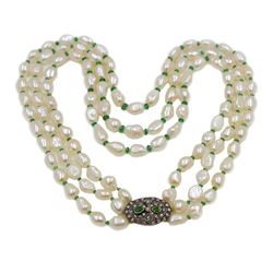 3-Strand Pearl and Emerald Necklace