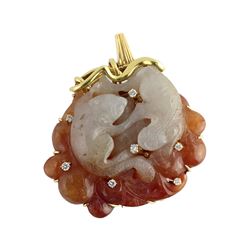 Carved Jade Diamond 18k Gold Pin Pendant