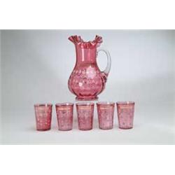 6-PC CRANBERRY ENAMELED WATER SET.