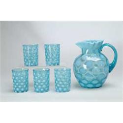 SIX PIECE BLUE OPALESCENT WATER SET.