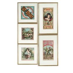 FIVE FRAMED COLORED BOX LABELS.