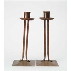 PAIR OF ROYCROFT COPPER CANDLESTICKS.