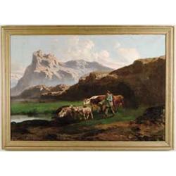 JOHN CALIFANO (American, 1862-1946) LIVESTOCK AT WATERING HOLE.