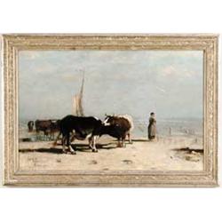 RICHARD BURNIER (Dutch, 1824-1884) BEACH WITH COWS AND WOMAN.