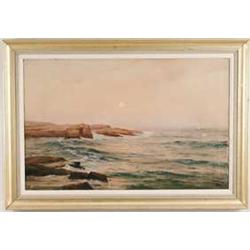 WARREN W. SHEPPARD (American, 1858-1937) SUNRISE OVER ROCKY COASTLINE.
