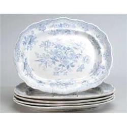 FIVE BLUE AND WHITE PLATTERS.