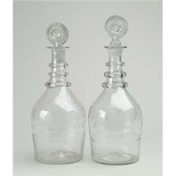 PAIR OF ETCHED EARLY BLOWN DECANTERS.