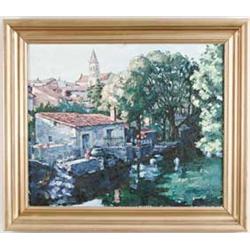 R.H. WOOLFOLK (20th Century) "CATHEDRAL AND RIVER CHARANTE, COGNAC, FRANCE".  