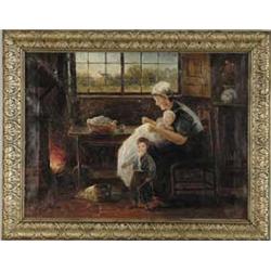VAN VEEN (Dutch?, 19th/20th Century) INTERIOR SCENE WITH MOTHER AND CHILDREN.