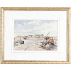 FRANK C. BELCHER (20th Century) TOWN SCENE WITH WATERWAY.