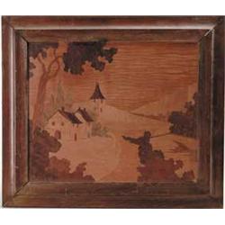 MARQUETRY PICTURE OF CHURCH IN LANDSCAPE.