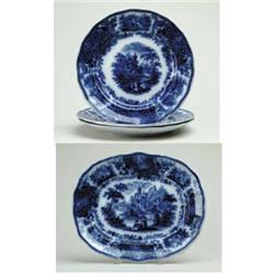 FLOW BLUE: SMALL PLATTER AND THREE PLATES.