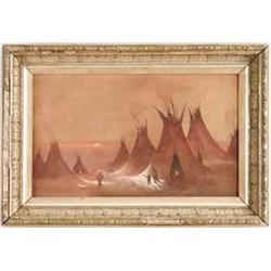 MARGARET J. THOMPSON (American, 20th Century) INDIAN ENCAMPMENT AT SUNSET.