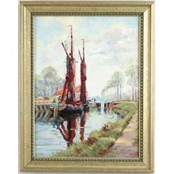DOUGLAS CONWAY (European, 20th Century) BOATS ON CANAL.