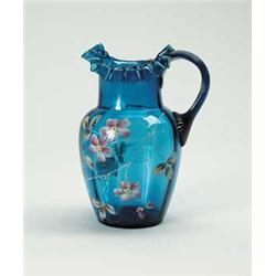 ENAMEL DECORATED BLUE WATER PITCHER.