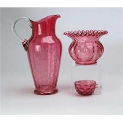 THREE PIECES OF CRANBERRY GLASS.