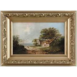J. WOOD (British, 19th Century) COTTAGE BY THE SHORE.