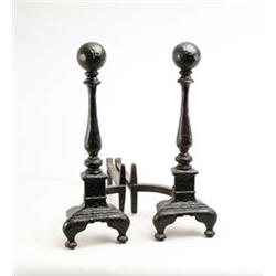 PAIR OF CAST IRON BALL TOP ANDIRONS.
