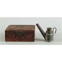 SMALL TIN LAMP AND SMALL BURNT WOOD BOX.