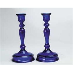 PAIR OF COBALT GLASS CANDLESTICKS.