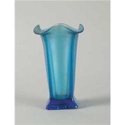 BLUE IRIDESCENT GLASS VASE.