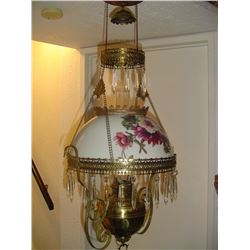 Brass Font Hanging Coal Oil Lamp w/ Prisms